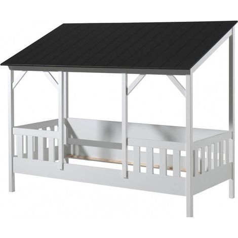Lit cabane MILA 90x200 – Pin massif blanc & toit noir avec sommier-Version avec sommier (1/3)