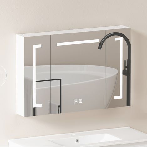 Badmöbel Spiegelschrank mit LED 90 cm modern aus MDF und Glas in Weiß, Wandspiegelschrank mit Stauraum (1/5)