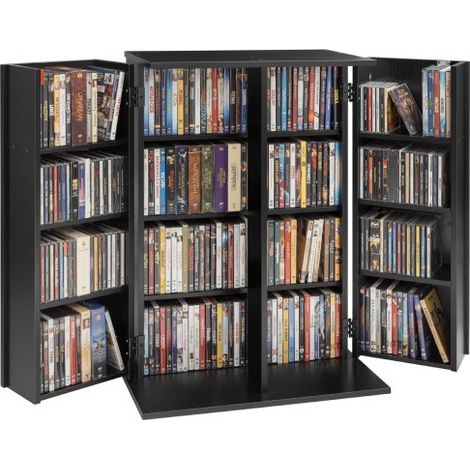 Estantería de Pared, 610 x 368 x 846 mm, Mueble de Almacenamiento, 2 Puertas y 16 Compartimentos, con Dispositivos Antivuelco, para CDs DVDs Libros Juegos, Armario para Salón Oficina, Negro (1/5)