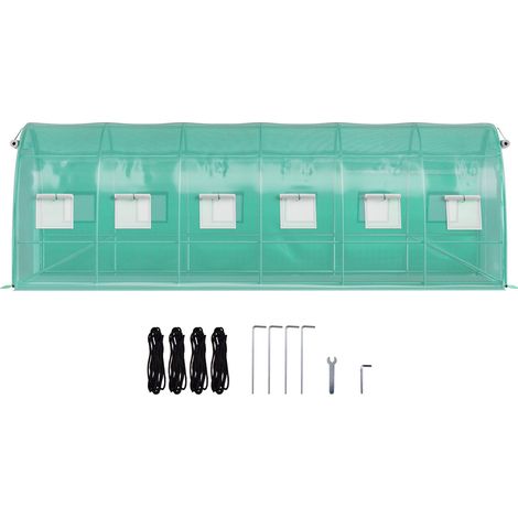 Serre tunnel à accès direct, 610 x 305 x 213 cm, abri végétal portable avec arceaux en acier galvanisé, 3 poutres supérieures, 4 montants diagonaux, 2 portes zippées et 12 fenêtres enroulables, vert (1/5)