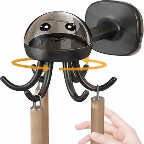 Crochets rotatifs à 360 ° Crochet de cuisine - noir, rail de petits ustensiles de poulpe monté au mur, porte-barre rotatif avec 6 crochets, pour cuisine, salle de bains, bureau