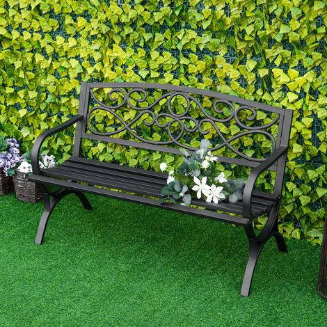 Banc de jardin deux places, pour terrasse ou balcon, dossier incliné, assise à lattes, accoudoirs confortables, structure en fonte et acier, 128 x 58,5 x 85 cm, noir (1/5)