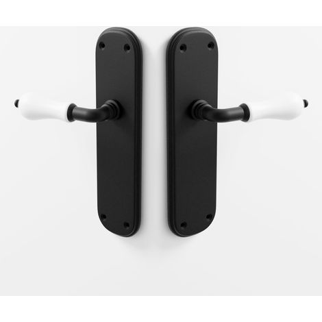 Poignée de porte avec plaque – Finition noire avec manche en porcelaine blanche  Plaque de 236 x 65 mm (1/5)