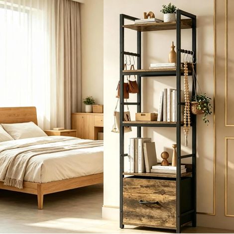 Schmales Bücherregal mit 4 Ebenen, Schublade, 8 Haken, 39 x 26 x 136,5 cm OKMYHOME (1/5)