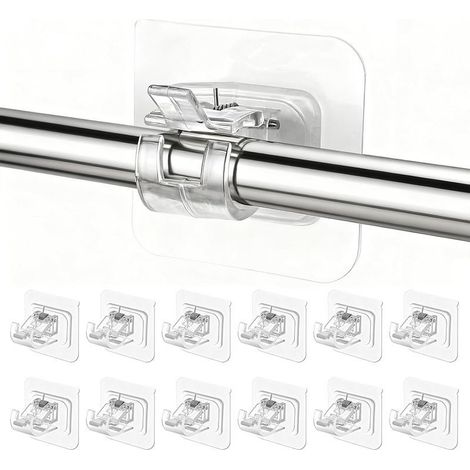 12 Pièces Support Tringle Rideaux sans Percage, Crochet Rideau Adhesifs Transparent avec Accroche Barre Porte pour Porte Serviettes, Salle Bain, Hôtel, Cuisines (1/5)