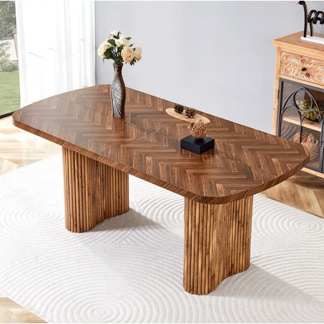 Mesa de comedor patas columna arqueada Superficie elegante MDF 180x90cm color nogal (1/5)