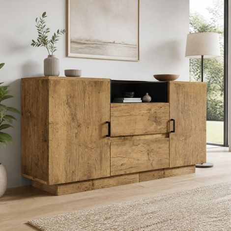 Sideboard 140 x 40 x 70 cm mit 2 Schubladen, 2 Türen und offenem Fach, Eichenoptik HAVRYA (1/5)