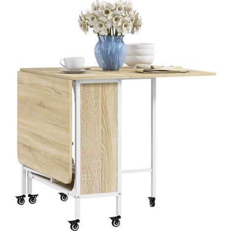Table cuisine pliante avec roues, ailes rabattables, étagère 130x80x74 cm bois naturel