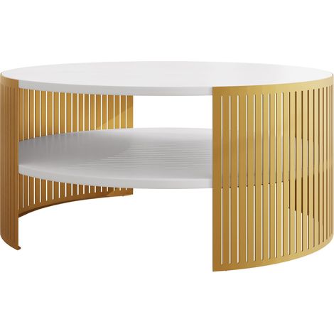 Mesa de centro Civer I, Dorado + Blanco, 40x0x0cm, Diámetro: 75, Aglomerado laminado, Redonda
