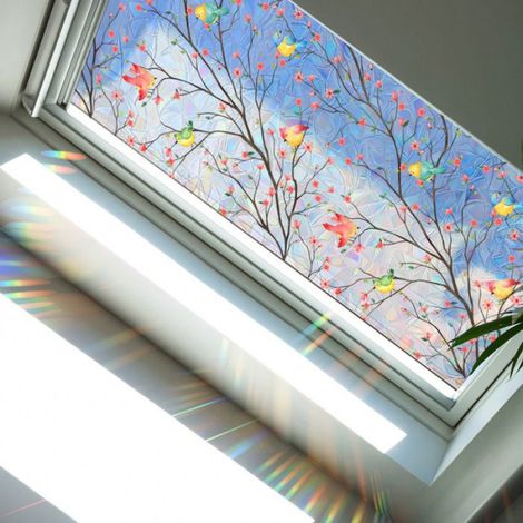 Vitrail - Décoration Murale Branche D Arbre Et Oiseau - Pour Chambre Salon Cuisine - Autoadhésif Réutilisable - 1 Pièce (1/5)