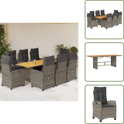 The Living Store 9-tlg. Garten-Essgruppe mit Kissen Grau Poly Rattan - Gartentisch (1/5)