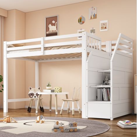 Letto a soppalco 90x200 cm in pino bianco con rete a doghe, sponde e scala contenitore (1/5)