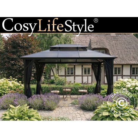 Gazebo Santa Ana Steel+ w/curtains and mosquito net, 3x4 m, Black - Dancover (1/2)