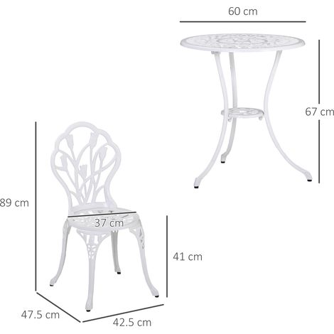 Ensemble de jardin en aluminium (ensemble de 3 pièces) comprenant 2 chaises (42,5 x 47,5 x 89 cm) et une table ronde (diamètre 60 x 67 cm), blanc. (1/5)