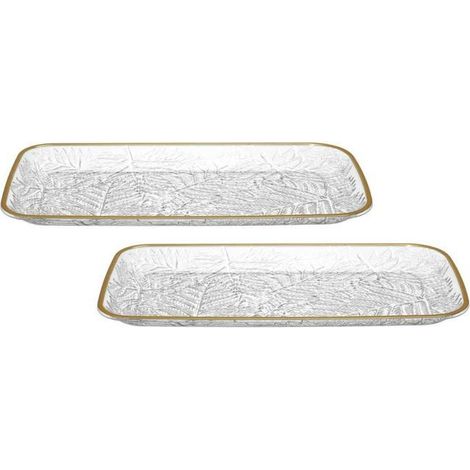 2 plats de service en plastique transparent, motif feuilles et bordure dorée, 34 cm, pour apéritifs et desserts (1/5)