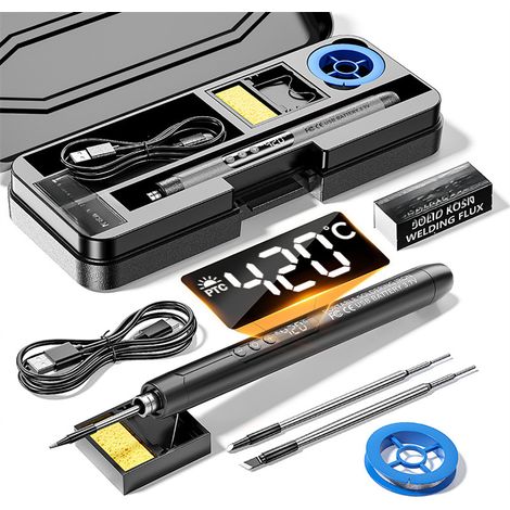 Kit de soldador inalámbrico recargable por USB, temperatura ajustable, batería de 1000 mAh, 3 puntas, soporte, resina, estuche (negro).