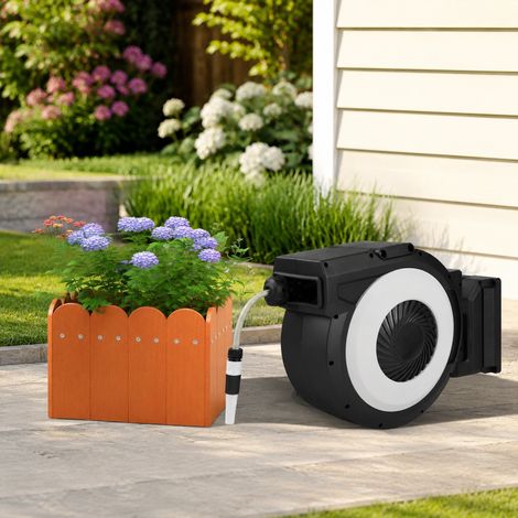 Terrassen-Bewässerungsset (2-teilig) – Einziehbare 30-m-Gartenschlauchtrommel & HDPE-Pflanzkübel für den Außenbereich (1/5)