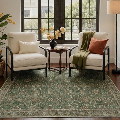Tapis Salon Vintage 160x230cm Lavable en Machine Rug AntidéRapant Poil Ras, pour Chambre Salle a Manger Descente de Lit Bureau, Cuisine,Vert Antique (1/5)