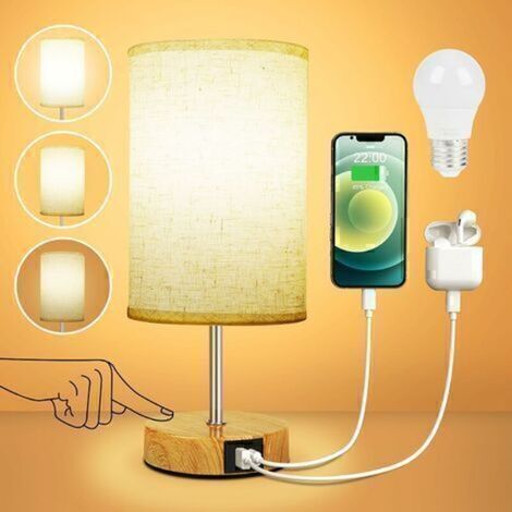 Lampada da comodino Mascot Touch con porte di ricarica USB-A + Type-C, dimmerabile a 3 vie, paralume in tessuto di lino, base in legno, piccola lampada da tavolo per camera da letto/soggiorno (lampadi (1/4)