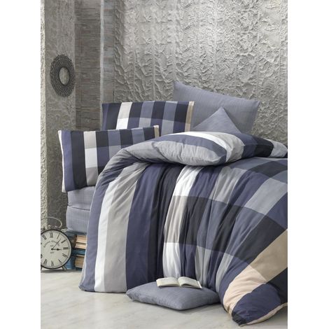 Victoria Cigdem Checked Blue Grey Soft Polycotton Luxury Elegance Duvet Cover Set with Pillowcases King 230x220 cm + 2pcs 50x75 cm Pillow Cases