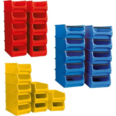 BRB Lot de 30 boîtes empilables transparentes de qualité industrielle, 3 tailles, 10 x LB5 jaune, 10 x LB4 rouge, 10 x LB3T bleu (1/2)