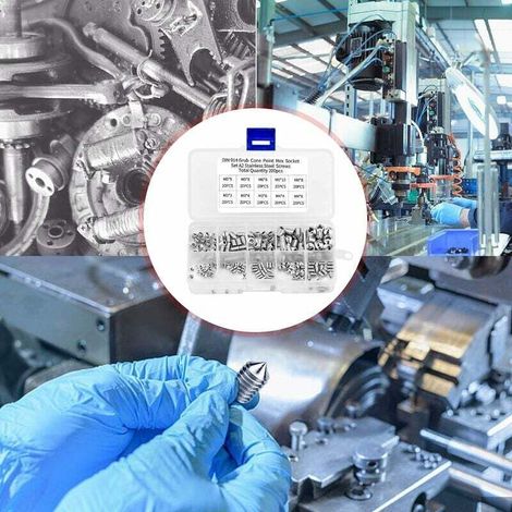 200pcs Vis Pointeau Vis Sans Tête Hexagonale, M3 M4 M5 M6 M8 Tête Conique Acier Inoxydable 304, Vis de pression，Kits de Vis à Six Pans Creux Coupelle FDC (1/4)