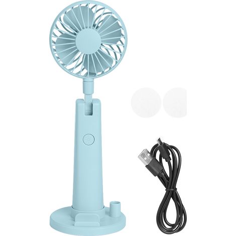 Ventilateur Portatif Rechargeable USB 3 Vitesses Avec Miroir Et Base Pour Bureau Voyage Maison - Bleu (1/5)