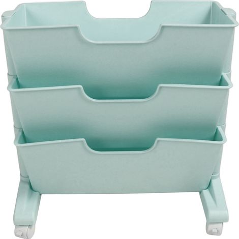 Étagère à livres 3 niveaux mobile, bibliothèque rotative démontable en plastique bleu pour chambre dortoir (1/5)