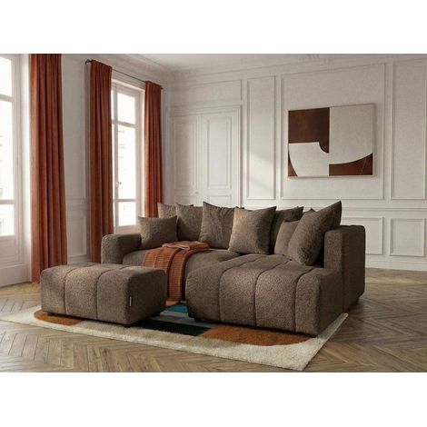 BOBOCHIC - Canapé d'angle L convertible coffre ROXELANE tissu bouclette avec pouf Angle droit Marron (1/4)