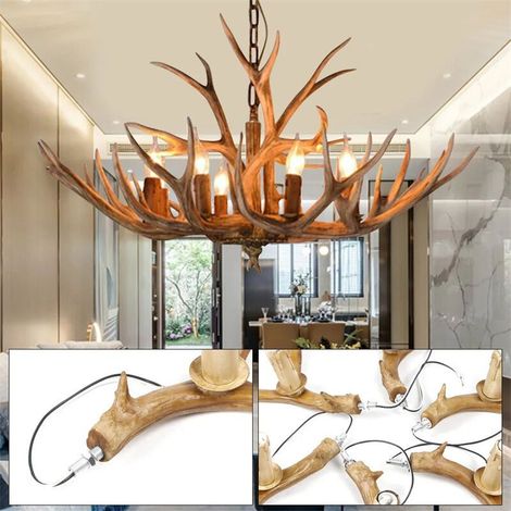 Lustre LED vintage en bois de cerf marron clair, style rétro, en résine, montage au plafond, suspension à chaîne (1/4)