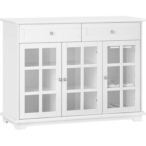 Küchenschrank 119×90×40 cm Kücheninsel mit Glastür freistehend Highboard Sideboard Buffet Weiß