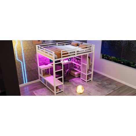DESVIAE Lit mezzanine 140x200 cm en métal avec bureau étagères penderie ouverte USB éclairage LED blanc (1/5)