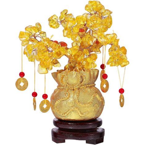 GARNECK Arbre à argent en cristal naturel de 19 cm, ornement style bonsaï, porte-bonheur, décoration Feng Shui pour la maison, avec pièces d'or et socle (1/3)