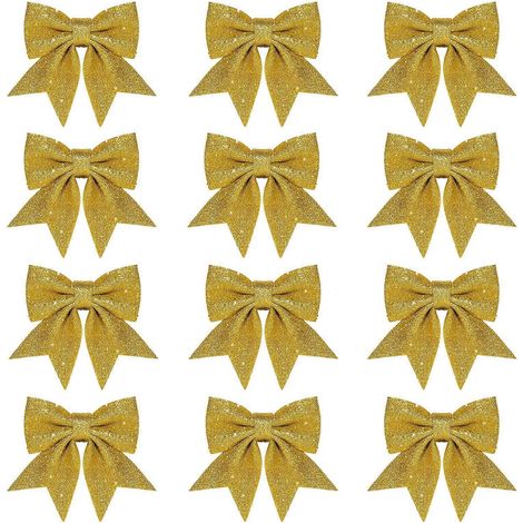 12 nœuds de Noël décoratifs, petits rubans sapin, nœuds scintillants pailletés, ornements guirlande, accessoires fêtes, lot de 12 pièces, décoration festive rouge et or. (1/5)