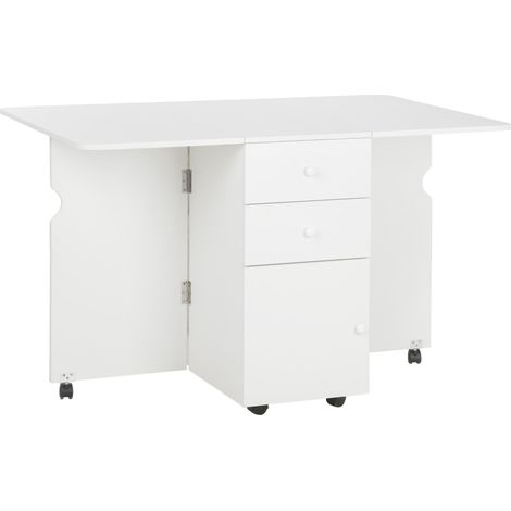 Table de salle à manger pliante avec rallonges rabattables, roulettes et 2 tiroirs, petite table de cuisine de style moderne, 120 x 80 x 75 cm, blanche