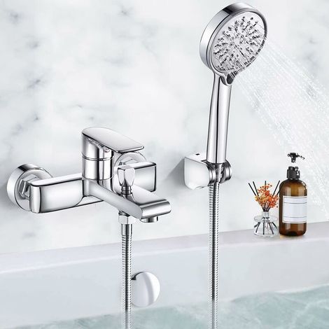 Brass Bathtub Faucet Bathtub Mixer Tap, H59 Chrome Brass Shower Faucet with 3 Functions Hand Shower, Wall Mounted Bath and Shower Mixer Tap with 1.5M Hose and Bracket (1/5)
