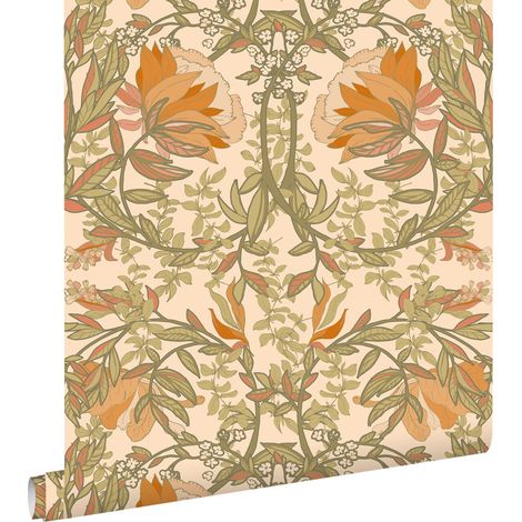 papier peint fleurs vintage de style art nouveau vert, orange et beige - ESTAhome (1/5)