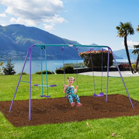 Metall-Gartenschaukelset mit verstellbarer Höhe, 2 Schaukeln und Wippe, 280 x 140 x 176 cm, Lila und Blau