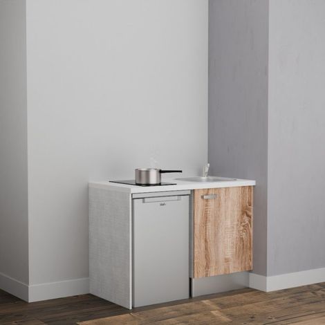 Kitchenette K08L-PT - 120 cm avec plan de travail et évier - Façade Bois - Plan Blanc - Crédences Non