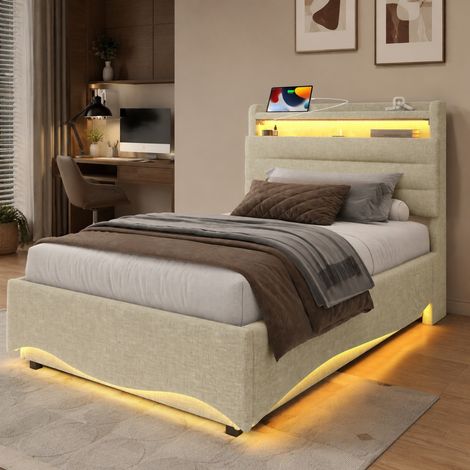 Cama tapizada 90x200 cm beige en lino con LED, almacenaje hidráulico y puertos USB/USB-C (1/5)