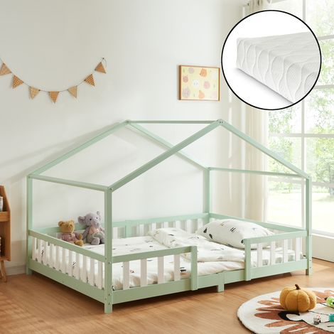 Cama para niños Treviolo forma de casa pino + colchón 140x200cm - Verde menta [en.casa]
