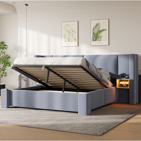 Letto contenitore imbottito 140x200 cm in lino grigio con LED e sollevamento idraulico, OKWISH (1/5)
