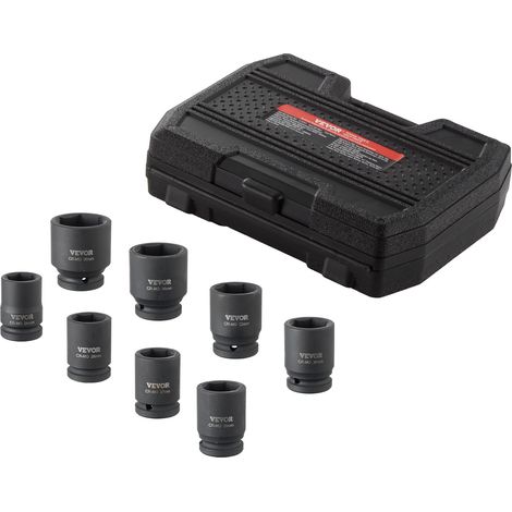 VEVOR Jeu de Douilles a Chocs pour Ecrous d’Essieu 8PCs, Coffret de Douilles pour Ecrous a Entrainement de 3/4 po 19 mm, Metriques, 6 Pans, Outil de Montage et Demontage pour Reparation Automobile