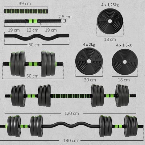 Haltères réglables 20 kg 3-en-1 avec barre droite et barre EZ, vert HAVRYA (1/4)