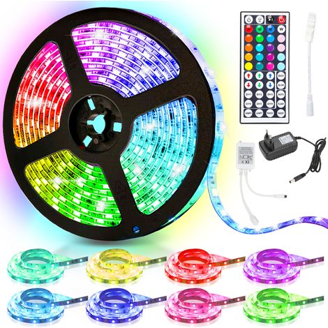 Randaco Cinta LED para interiores de 5 m, guirnalda luminosa autoadhesiva, regulable, 150 LED, cambio de colores, incluye mando a distancia de 44 teclas (1/5)