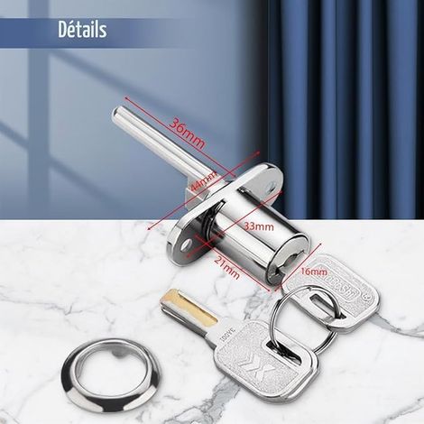 Furniture Drawer Lock - Piston Lock for Filing Cabinets, Cabinets and Showcases, Diameter 16 mm, Silver (1/4)