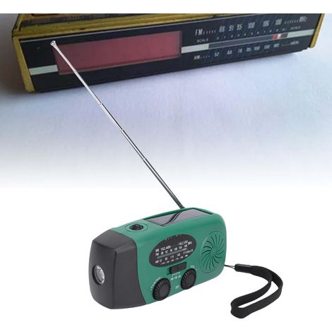 Radio de emergencia con energía solar y dinamo, LED SOS, radio AM/FM, retroiluminación + batería externa de iones de litio de 2000 mAh, ABS verde, IPX3, 145 x 69 x 55 mm, 298 g (1/5)