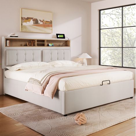 Cama dormitorio tapizada con almacenaje y carga beige OKMYHOME (1/5)