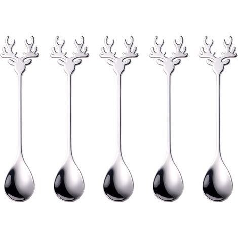 Cuillères De Noël - Design Renne Et Neige - Pour Café Thé Dessert Glace - Ensemble De 5 Pièces (1/5)