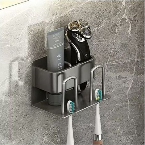 Wall-Mounted Toothbrush Holder without Drilling, Electric Toothbrush Holder, Adhesive Toothbrush Holder with 2 Cup Holders + 2 Toothbrush Head Slots Shelf (1/4)